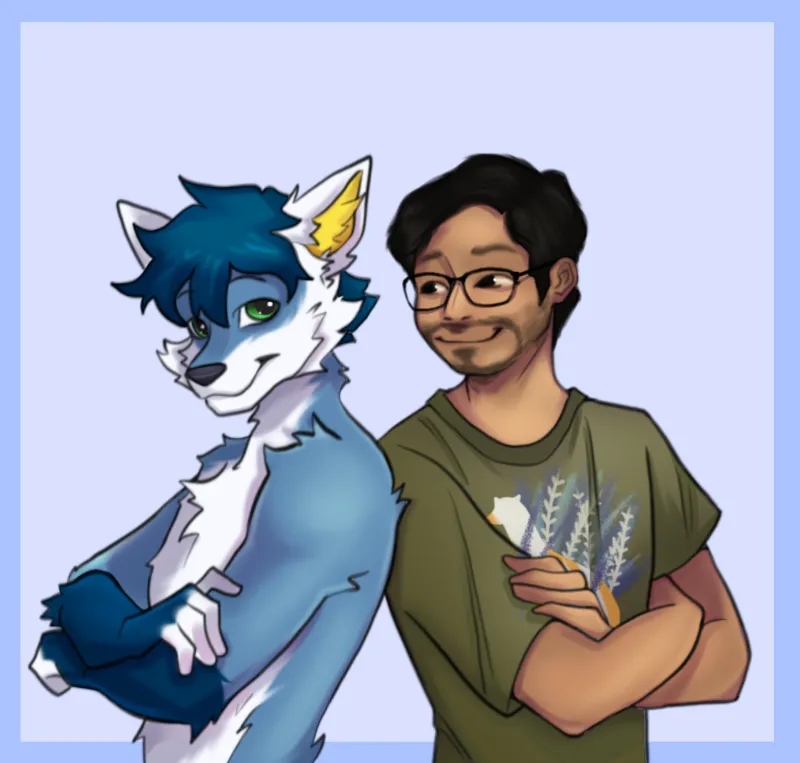 A blue anthro fox standing next to a person in a green T-shirt